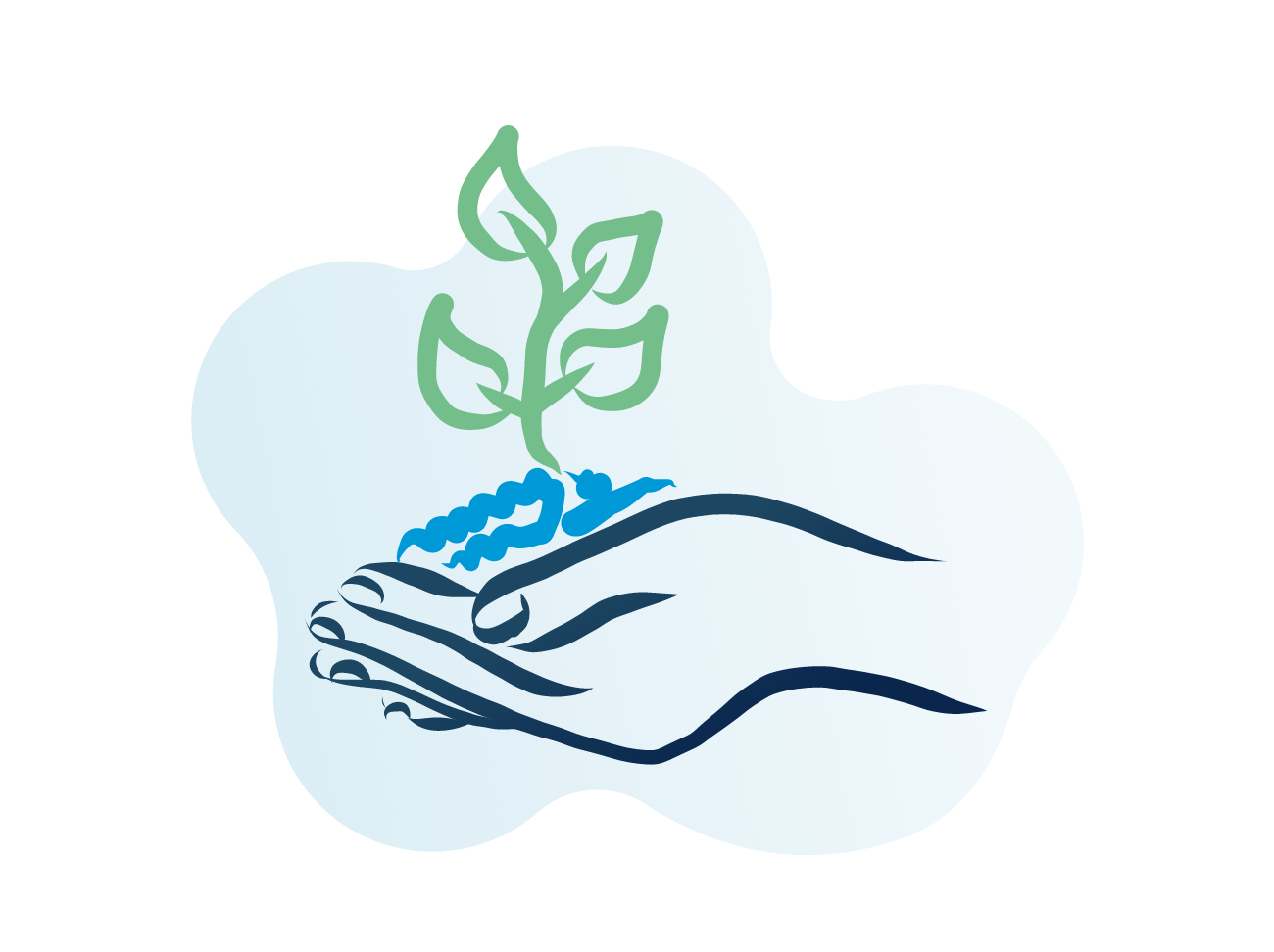 Drawing of hands holding a growing plant